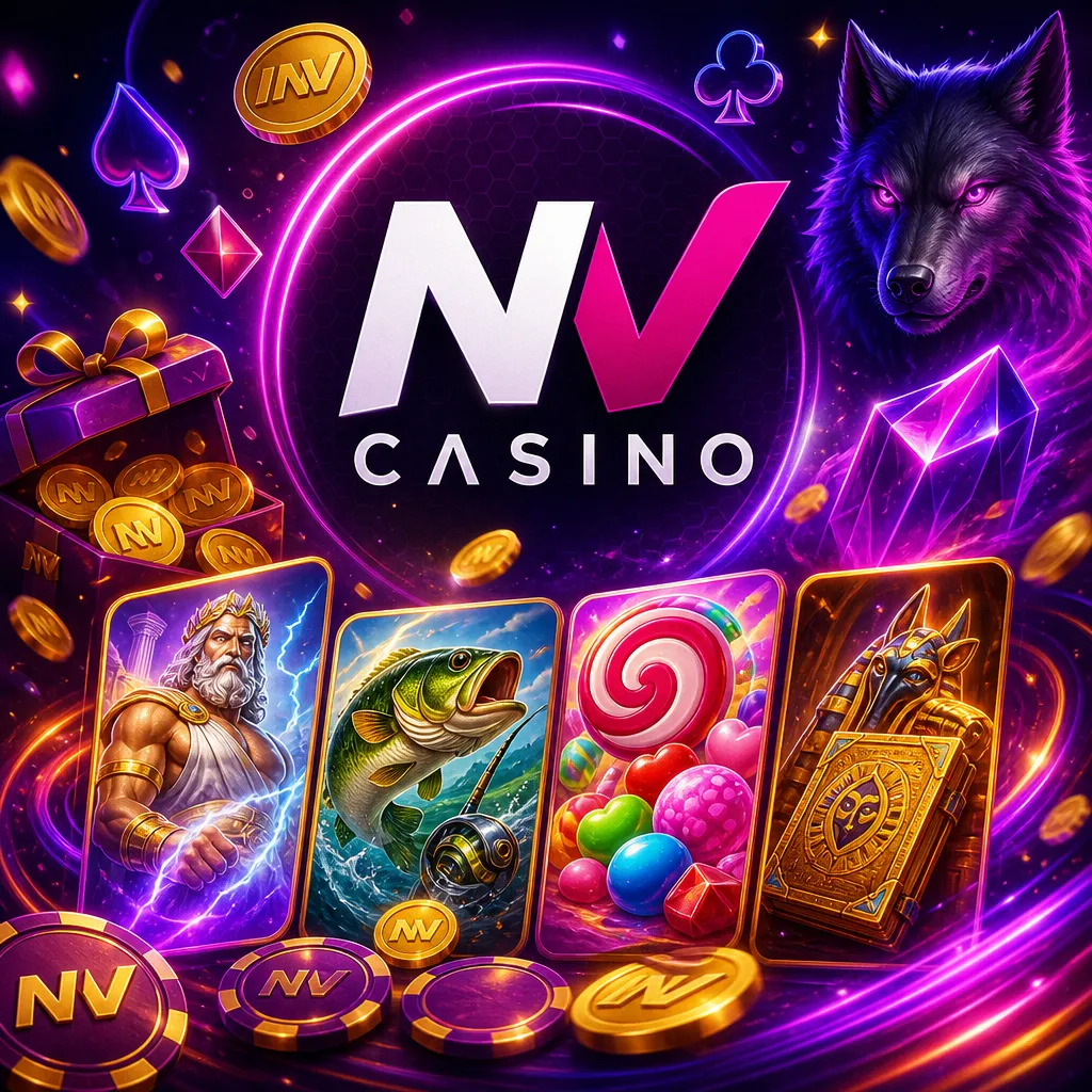 NV Casino promo with official logo, purple-neon glow, slot visuals