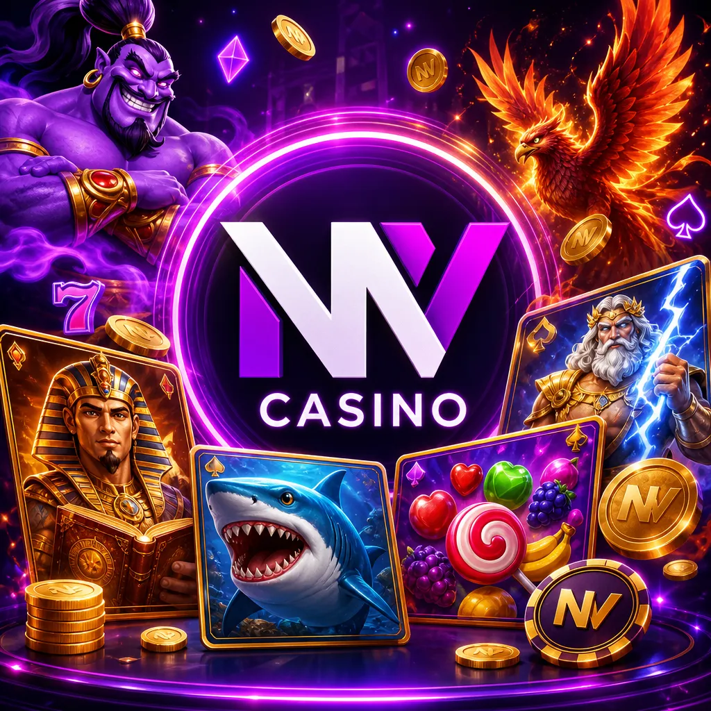 NV Casino promotional image featuring the brand logo with purple-magenta neon and gold accents, slot card elements and a mode